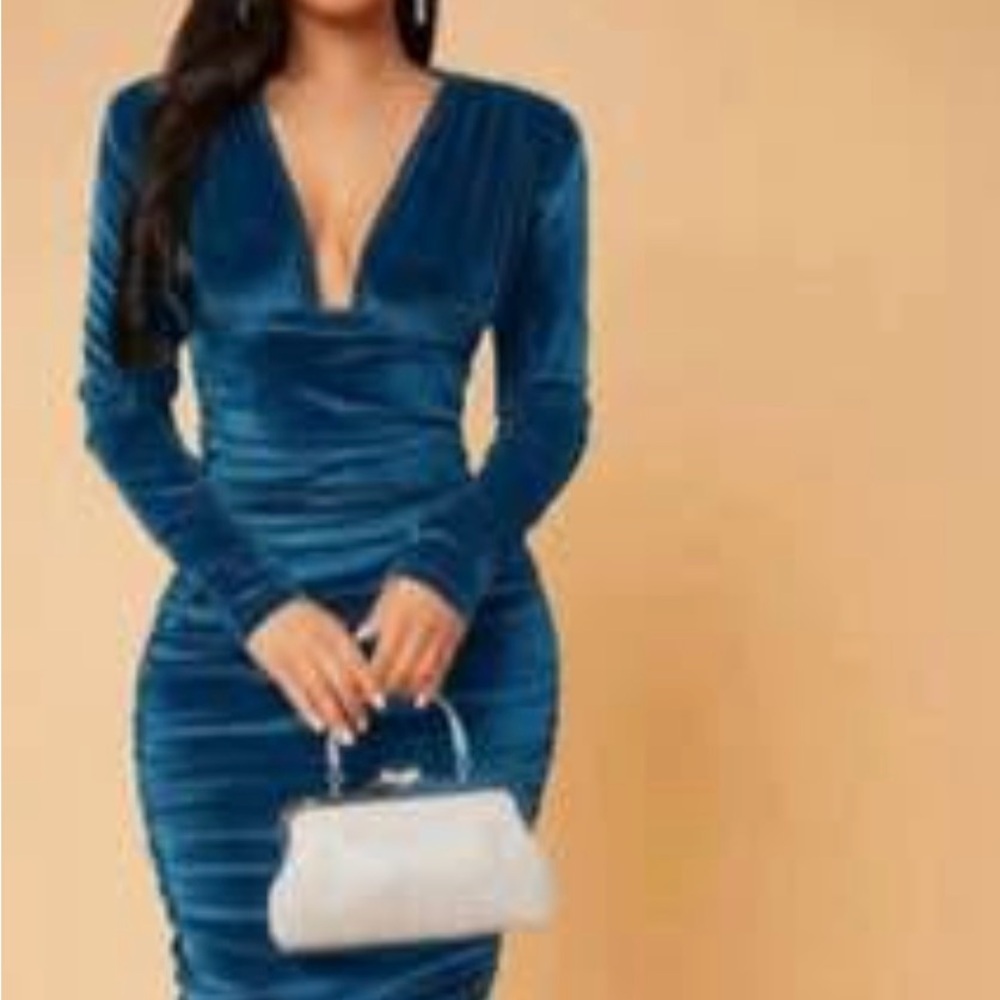 SHEIN Teal Long Sleeve Velvet Dress